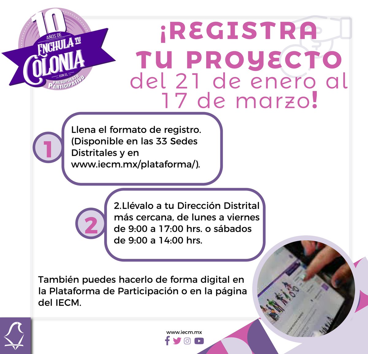 ¡El último día para registrar tus  proyectos es el 17 de marzo! Descarga el formato y llévalo a tu Dirección Distrital o hazlo por internet en iecm.mx/www/sites/ench…
