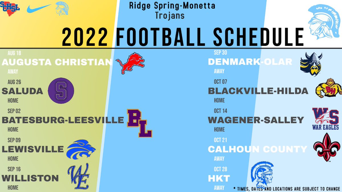 Opener vs Augusta Christian moved to Thursday night at 7. <a href="/RSMSoftball/">Ridge Spring Monetta Lady Trojans Softball🥎</a> <a href="/RSM_Athletics/">RS-M High Trojans</a> <a href="/rsmhs_trojans/">Ridge Spring-Monetta Middle/High School</a> <a href="/RSMCounselor/">@RSM_High_SchoolCounselor</a> @RSM_Career @Webb_OnTheRidge <a href="/KanaanLigons/">Kanaan Ligons 🌟</a> <a href="/MartinTykeem/">tykeem martin</a> <a href="/DeAnte16Hopkins/">DeAnte Hopkins</a> @JaeTheGreat8 <a href="/AdansTy/">Ty’Quavious Adams</a> <a href="/coachbrannon/">Jay Brannon</a> <a href="/CoachBedenbaugh/">Samuel Bedenbaugh</a> <a href="/bosmitty18/">Bowen Smith</a>