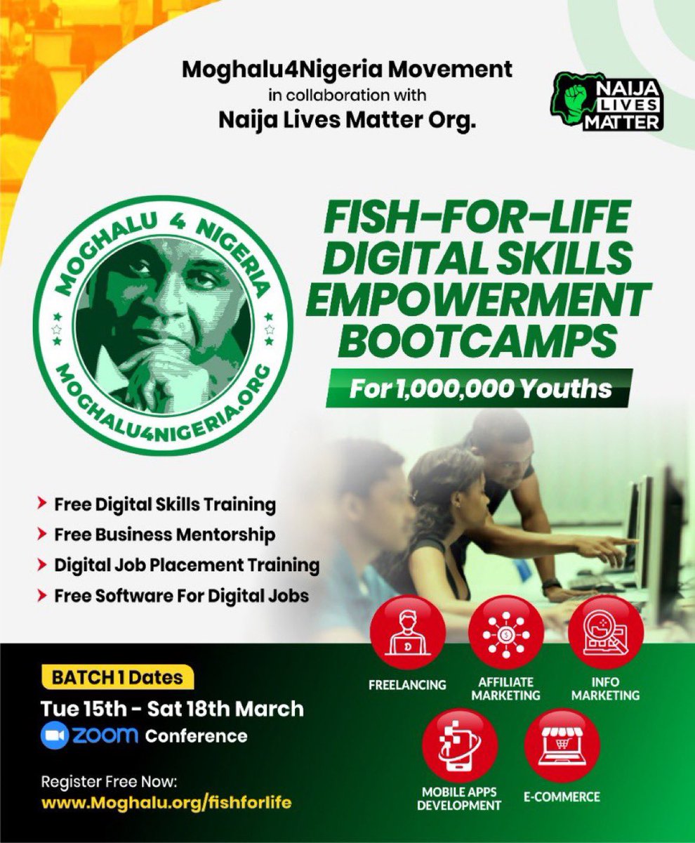 moghalu4nigeria's tweet photo. You want multiple streams of income? Yes! Don’t miss this opportunity to learn a digital skill. Please share this now, someone in need of this could be on your TL. To sign up: https://t.co/NTmsMOHQgy
Starts next Tuesday, March 15th, 2022

#Moghalu4President 
#SWAG2023
#Fish4Life https://t.co/AleeReZqaS