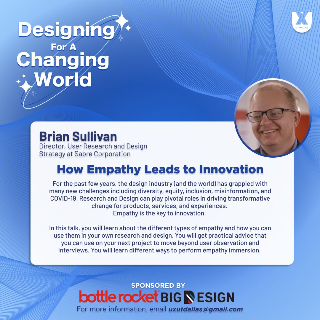 We’re thrilled to share the first speaker for our Designing For A Changing World Conference!
Meet Brian Sullivan, Director of User Research and Design Thinking at Sabre, who’ll be teaching you how to utilize empathy to innovate. 

bit.ly/uxconference20…
#conference #dallas #uxui