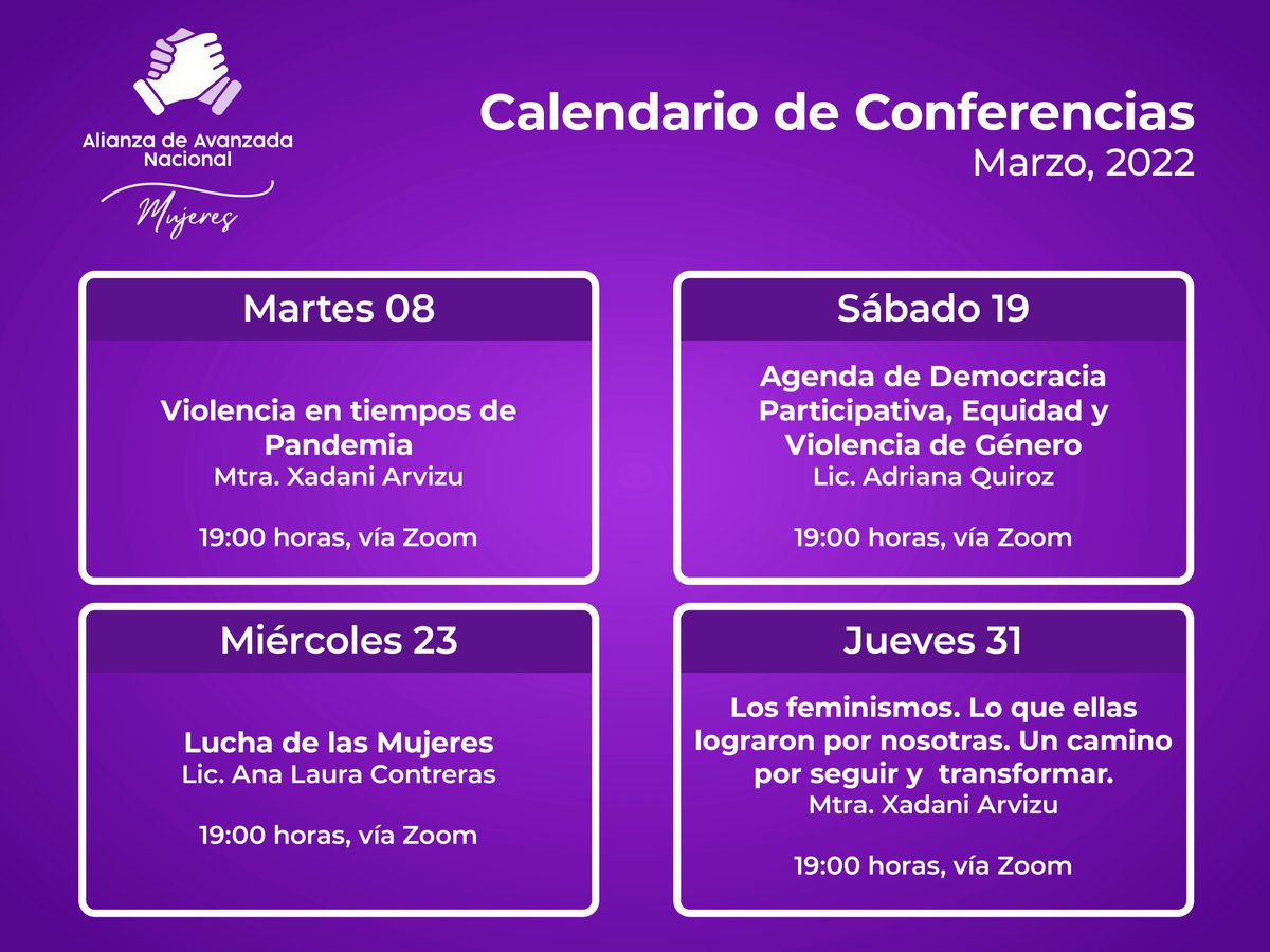 avanzada_n's tweet photo. Conmemoremos juntos el #DiaInternacionaldelaMujer
Porque las #MujeresEnAlianza vamos por #LaTransformaciónDeMéxico los invitamos a estas series de Conferencias que se estarán desarrollando a lo largo del mes de Marzo.
#8M2022 https://t.co/zjB8Edjd9g
