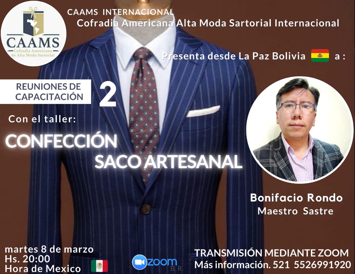 AltaCofradia's tweet photo. ¡Seguimos con la 2° de 8° Jornadas
Del taller de "Confección de Saco Artesanal"!
 📐👔✂️
Impartida por Bonifacio Rondo. / M. Sastre
👔🇧🇴
Miembro de CAAMS Bolivia 
Martes 8 de Marzo / 20:00hra de México 🇲🇽
.
.
#CAAMSInternacional #ponencia #Sastrería https://t.co/bZKIQeUbWM