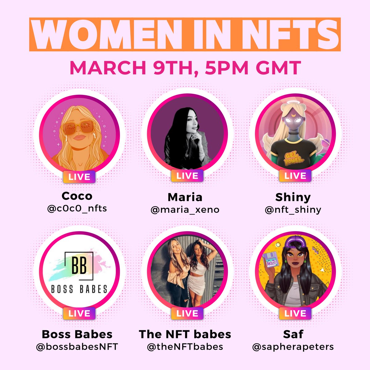 Do you want to know more about all the different ways women can get involved in the NFT / Web3 space? 

Join us in talking to these incredible ladies: 
@c0c0_nfts 
<a href="/maria_xeno/">Maria Xeno</a> 
@theNFTbabes 
<a href="/BossBabesNFT/">BOSS BABES NFT | MINTING NOW</a> 
<a href="/sapherapeters/">saf ☻</a> 
<a href="/nft_shiny/">Shiny | web3 company</a> 

x.com/i/spaces/1vAGR…