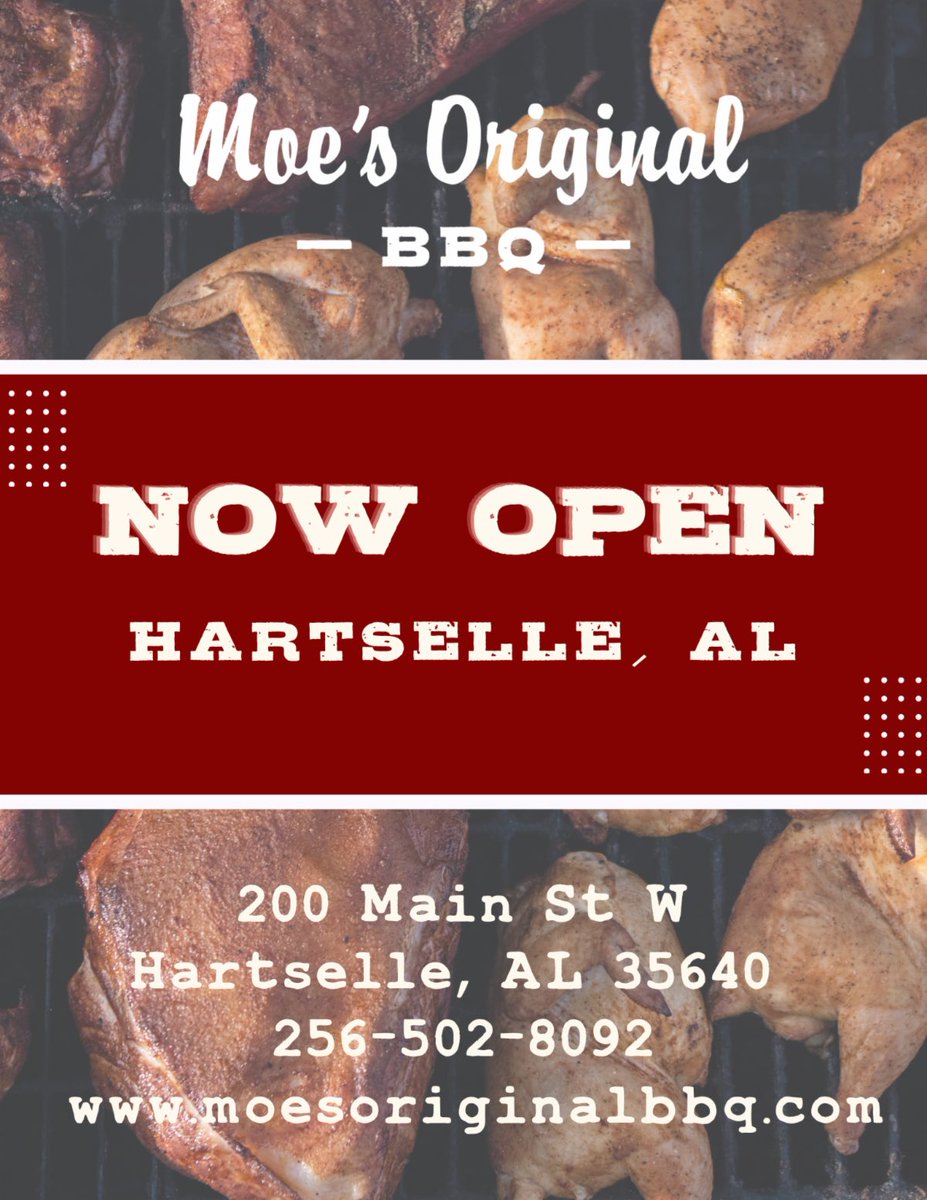 MOBHartselle's tweet photo. 📣 WE ARE OPEN 📣

Come see us on Main Street!
#moesbbq #hartselleal #supportlocal https://t.co/HvgXd4c9GB