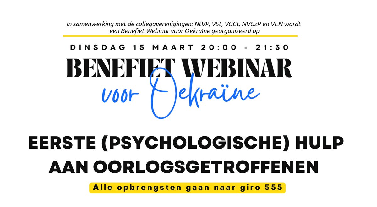 Dinsdag 15 maart wordt een webinar gegeven over psychologische hulp in oorlogsgebieden, met adviezen en richtlijnen over effectieve eerste (psychologische) hulp

Jouw bijdrage wordt overgemaakt naar Giro555. Meldt je direct aan: lnkd.in/etxG2PXG

#Oekraine #EMDR #Giro555
