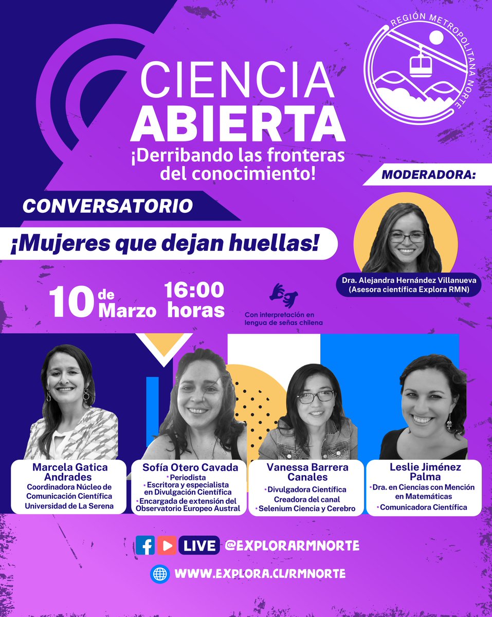 parexploranorte's tweet photo. En el marco de la conmemoración del #DíaInternacionaldelaMujer invitamos a toda la comunidad a participar en el próximo conversatorio de #CienciaAbierta llamado “Mujeres que dejan huellas”. 
¡No te lo pierdas! 
🗓️ 10 de marzo 
⏰ 16:00 horas 
#ExploraRMNorte #DiaDeLaMujer #ACCDIS https://t.co/W8NHkvsnQq