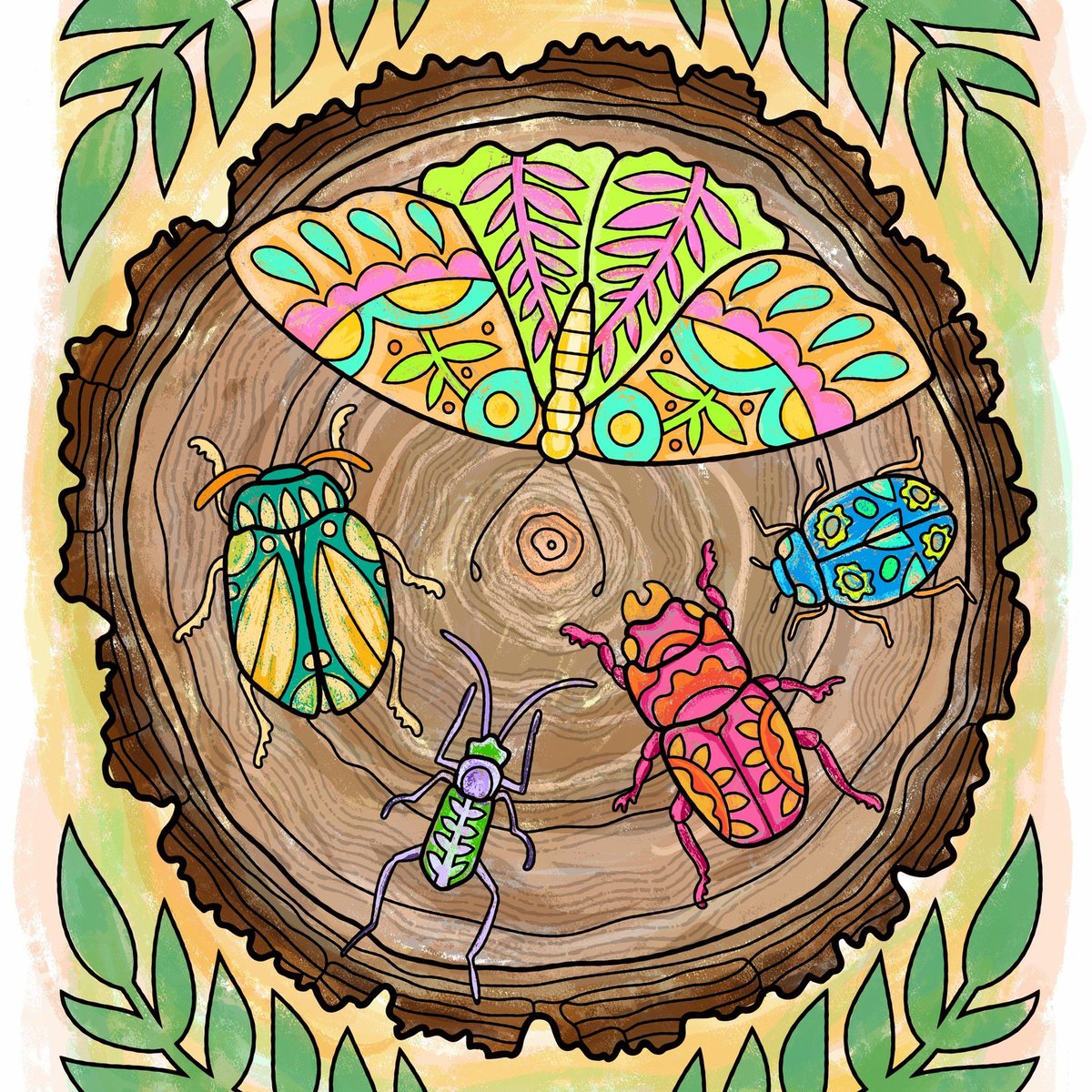 JenRacine1's tweet photo. Feels like a heavy week coming up. Some colorful bugs on a log to brighten 
this Monday. 
#ALittleLagomColoringBook https://t.co/ETTXHLDLnA