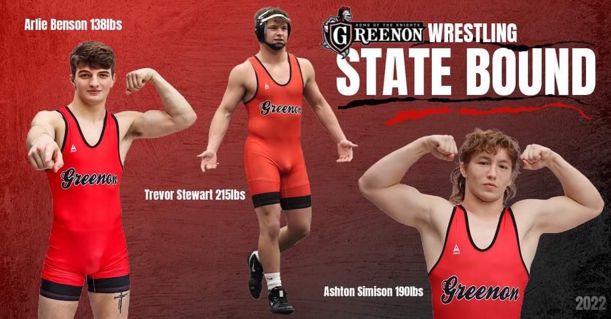 Congratulations to our #GreenonKnights Wrestlers who qualified for state! 
💪 Trevor Stewart, 215 lbs
💪 Arlie Benson, 138 lbs
💪 Ashton Simison, 199 lbs