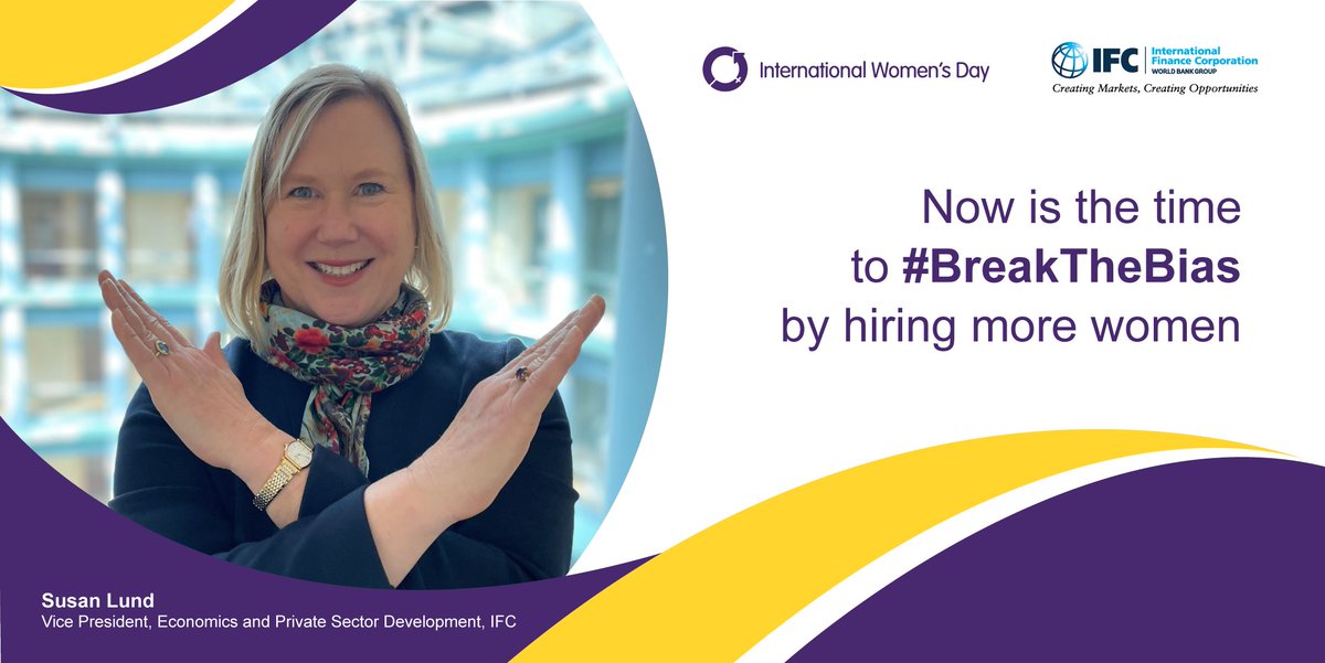 If women participated in the global economy at the same rate as men, economic output could rise by as much as 1/3. At <a href="/IFC_org/">IFC</a> we work with clients to #BreakTheBias and strengthen practices to recruit, retain, and promote women. wrld.bg/EP1O30nEZKI #IWD2022 #IFCgender