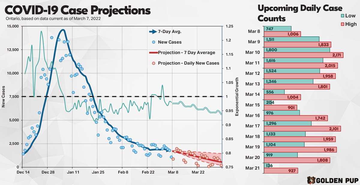 My model shows a gradual decline in cases throughout March.

This is the week that wave 3 started taking off last year. My hunch remains that we're done with any big waves until the fall. 

#COVID19ON