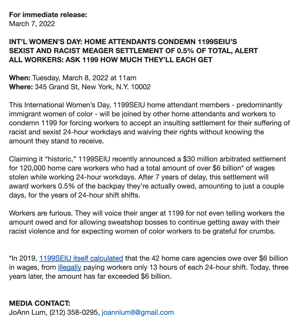 PRESS CONFERENCE TOMORROW 3/8, 11AM:

On International Women's Day, Home Attendants Condemn <a href="/1199SEIU/">1199SEIU💫</a>'s Sexist and Racist Meager Settlement of 0.5% of Total, Alert All Workers: Ask 1199 How Much They'll Each Get

docs.google.com/document/d/1h6…