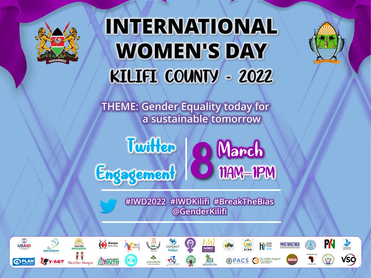 Tomorrow we will be celebrating international women's day in a style join us on Twitter <a href="/AngazaKilifi/">ANGAZA Youth Initiative</a>  <a href="/003CountyGender/">Kilifi County Department of Gender</a> <a href="/MarthaKarua/">Martha Karua SC</a>  @governorkingi <a href="/Kcha_kenya/">KCHA Keeping Community Hope Alive</a> <a href="/PlanKenya/">Plan International Kenya</a> <a href="/HVMFoundationKE/">Her Voice Matters Foundation KE</a>  <a href="/DreamAchieversk/">Dream Achievers K</a> @StretchersO <a href="/WaweruJackline/">Waweru Jackline</a> @RODGERSMASAFU <a href="/safecommunity4/">Safe Community Youth Initiative</a> <a href="/gladyswanga/">Gladys Wanga, E.G.H.</a>