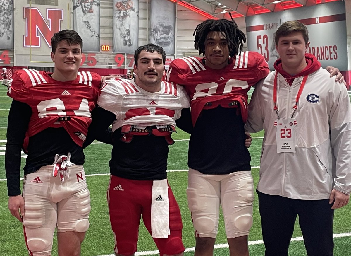 JohnkTim's tweet photo. @CPFootball17 was well represented at Nebraska spring practice this morning with current @HuskerFBNation guys @_alexbullock_ @AjRollins__  &amp; @john_bullock5 along with 2023 OL commit @SamSledge1.  Have been blessed to coach these fine young men!
#proud #homegrown #GBR https://t.co/BXCQdFOXOQ