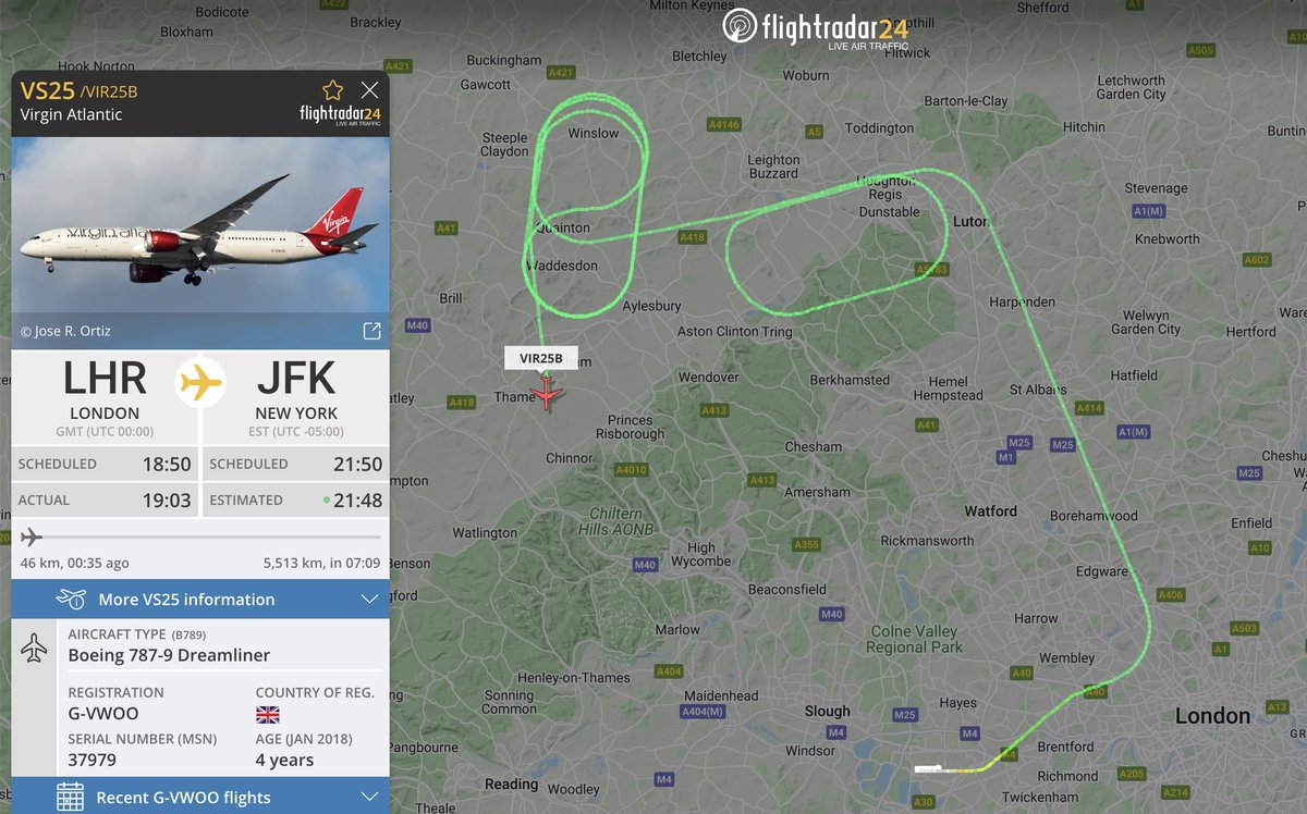 flightradar24's tweet photo. #VS25, London-New York, returning to London after holding shortly after take off. https://t.co/DOo7UyoPHP https://t.co/R75qc9zDWO