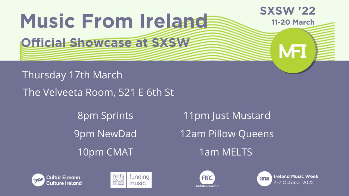 PillowQueens's tweet photo. SXSW X @MusicFrmIreland 

Look at that all Irish lineup 😍 #SXSW2022 https://t.co/iwXgVG8duW