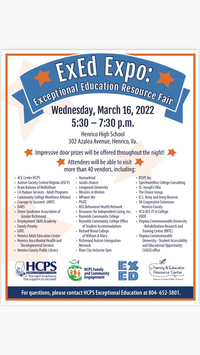 Reminder - <a href="/HenricoSchools/">Henrico Schools</a> will be hosting our Ex Ed Expo on March 16th at Henrico High School for all ages. It is designed to provide an opportunity for families, teachers, and students to learn more about opportunities and partnerships that are available in the community.