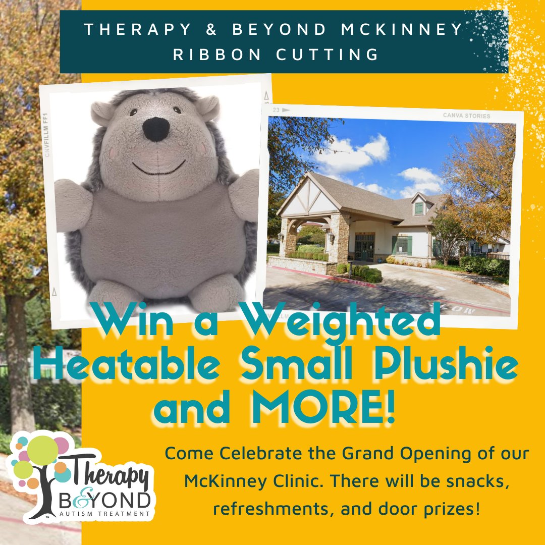 TherapyBeyond's tweet photo. Come celebrate our new McKinney Clinic opening with Therapy and Beyond and McKinney Chamber of Commerce TOMORROW at 11:30 am at 6050 W. Eldorado Pkwy McKinney, TX 75070.  Be entered to win a Weighted Heatable Pushie and other prizes for joining us! 
#Therapy&amp;Beyond #ABA #Mckinney https://t.co/mVJjgGpWj7