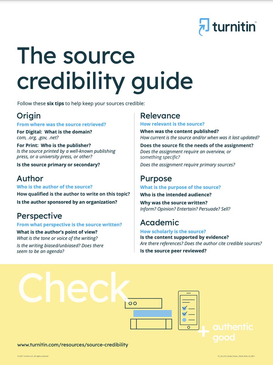 MrsClearyReads's tweet photo. Excited to embark on our Honors Project &amp; utilize what I learned from the @Turnitin Master Educator Course! Can’t wait to help students grow in their media literacy skills 💡🌎 📖 Love this poster from their site—will be hanging in my room (conveniently LHS colors 💙🥳💛). https://t.co/9a591rIu8E