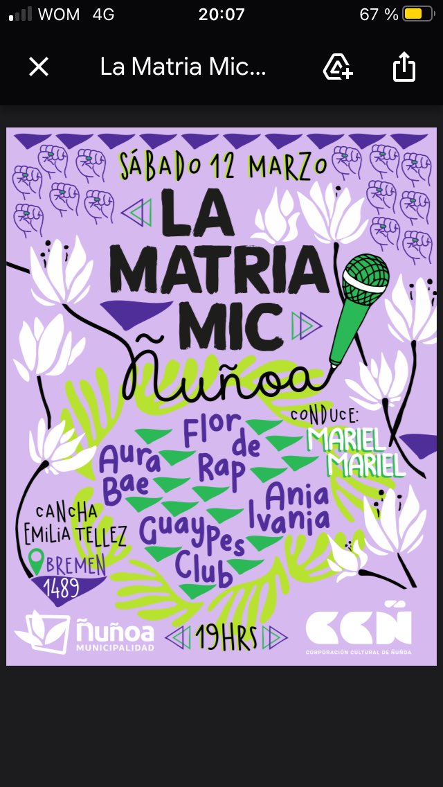 Este Sábado 12 de Marzo nos reunimos en la cancha de Emilia Tellez para renacer al son de la #MatriaMic en #Ñuñoa ! Con <a href="/florcitaderap/">Flor De Rap</a> #AuraBae #AniaIvania y para les niñes <a href="/guaypesclub/">guaypesclub</a> 🧚🏼‍♂️, conduce <a href="/Marielmusic/">MARiEL MARiEL</a> . Un encuentro gratuito y al aire libre! Invitan <a href="/MuniNunoa/">Municipalidad de Ñuñoa</a> @ccnunoa