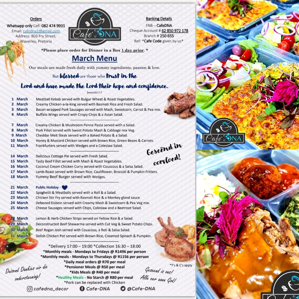 CafDNA1's tweet photo. 𝔻𝕚𝕟𝕟𝕖𝕣-𝕚𝕟-𝕒-𝔹𝕠𝕩: March Menu. 🍽

Lekkerste Aandetes in Pretoria !!! 😋
Laat ons jul gesin bederf met ons HEERLIKE VARS aandetes.

B̳e̳s̳t̳e̳l̳ ̳N̳O̳U̳!̳!̳
082 474 9931

#homecookedmeal #homecooked #goodfood #cafédna #takeaway #dinner #DinnerinaBox #healthy https://t.co/Snvz1SKPo1