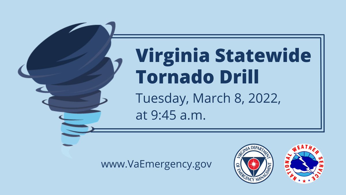 HarrisonburgVA's tweet photo. The Virginia Tornado Drill is this morning at 9:45am! 
When there is a tornado warning: Immediately go to a safe location, pay attention to alerting systems, protect yourself by covering your head or neck with your arms and putting furniture and blankets around or on top of you. https://t.co/PevHme8wto