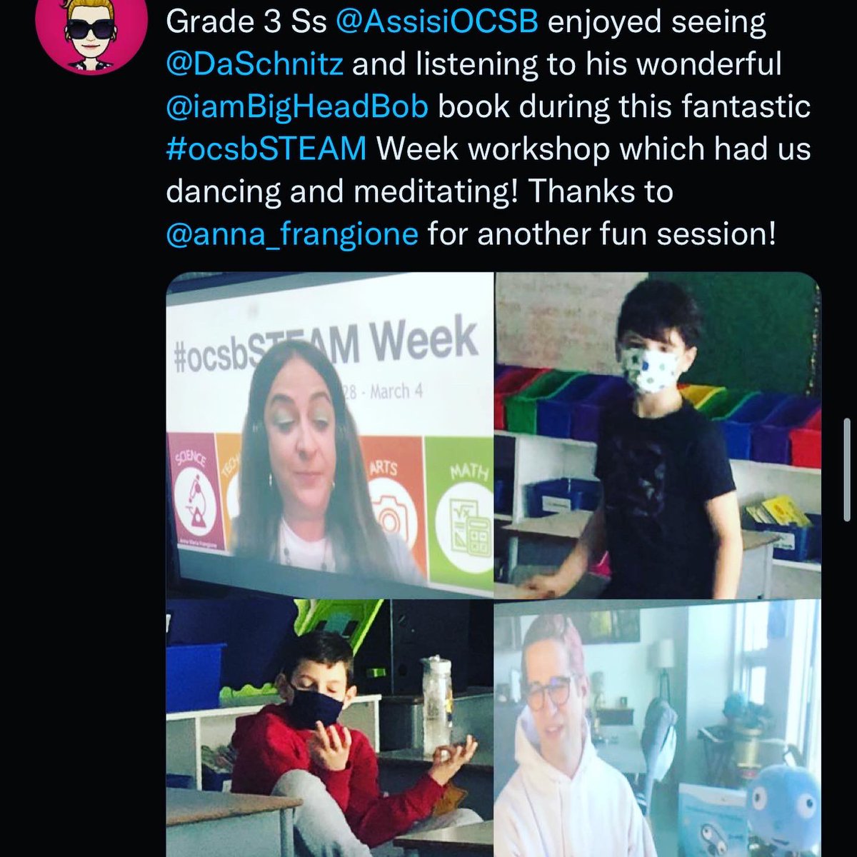 BIGHEADBOB's tweet photo. It took one year to reach 6,000 students in 300 virtual class reads. On Thursday the AMAZING @OttCatholicSB & @anna_frangione invited me to do a livestream workshop for over 6k students in ONE DAY! We’re 🔥‘ed up thx #virtualeducators #ocsbSTEAM #growthmindset #BigHeadBob https://t.co/CyArEld2Ta