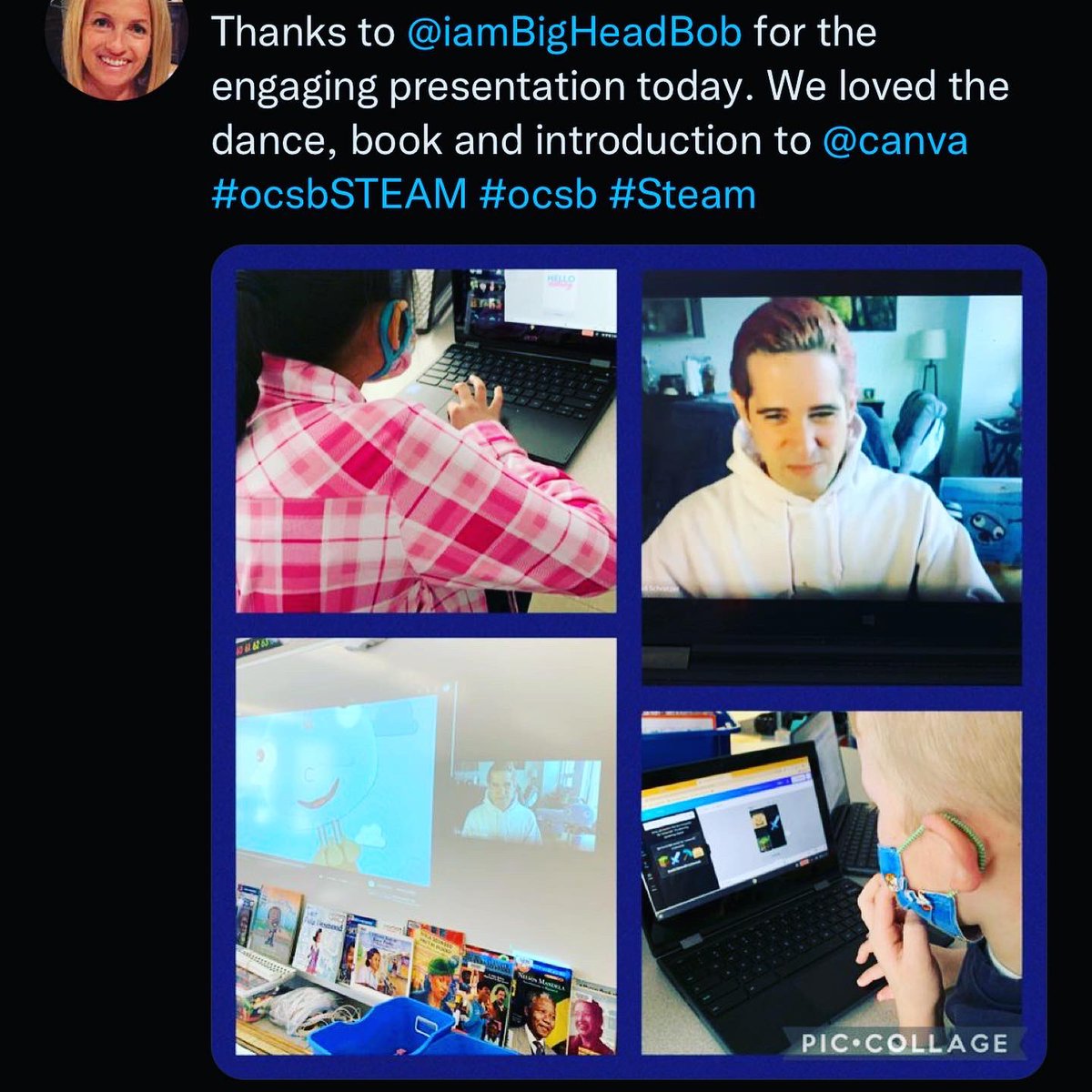 BIGHEADBOB's tweet photo. It took one year to reach 6,000 students in 300 virtual class reads. On Thursday the AMAZING @OttCatholicSB & @anna_frangione invited me to do a livestream workshop for over 6k students in ONE DAY! We’re 🔥‘ed up thx #virtualeducators #ocsbSTEAM #growthmindset #BigHeadBob https://t.co/CyArEld2Ta