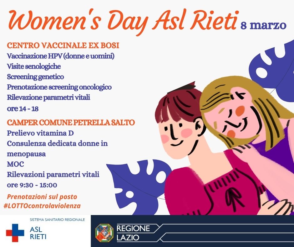 AslRieti's tweet photo. Domani, giornata internazionale della donna, vi aspettiamo al centro vaccinale ex Bosi e a Petrella Salto grazie ad un camper, per uno screening con esami, visitite e consulti gratuiti, con prenotazione direttamente sul posto. Vi aspettiamo! 
#aslrieti
#lottocontrolaviolenza https://t.co/vTWs3OwFWj
