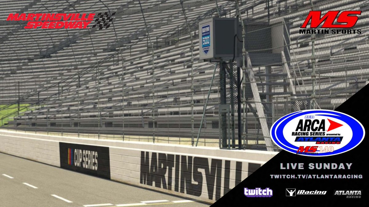 Atlanta_Racing's tweet photo. Racing LIVE this Sunday, the @aerracing ARCA Series Presented by AtlantaRacing takes on the Paperclip for the @MartinSports906 140 at Martinsville! Going to be great! Catch the short track racing at 8pm EST, only on Twitch:
#iRacing #NASCAR #AtlantaRacing
https://t.co/S0wOAJjIxL https://t.co/zHZx9EznCV