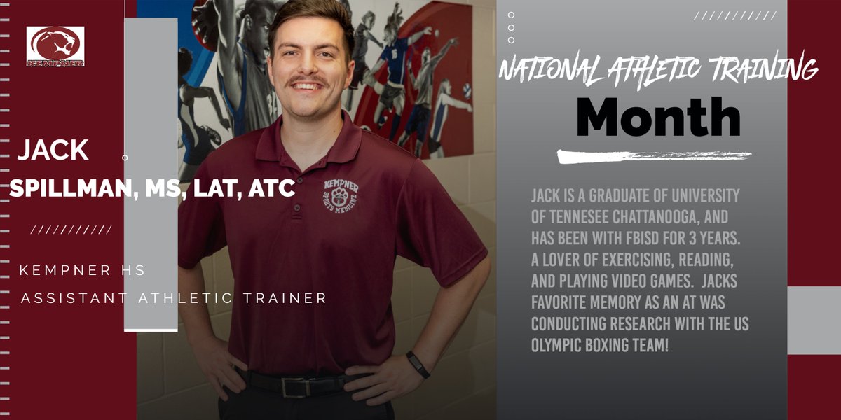 FBISDAthletics's tweet photo. HAPPY NATIONAL ATHLETIC TRAINER MONTH!!!  Today we salute, Jack Spillman, M.S., LAT, ACT, Assistant Athletic Trainer at Kempner HS.
We thank you and appreciate you! https://t.co/ZO6CNYCUV3