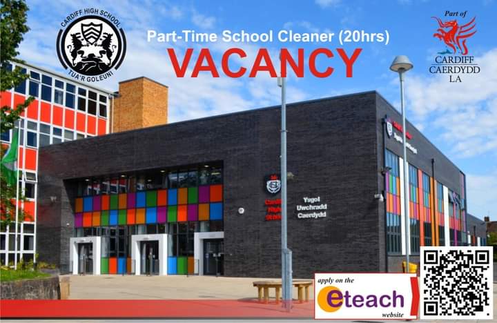 We currently have a vacancy for a part-time cleaner to join the estates team at Cardiff High School. This is a 20 hr , 52 weeks per year permanent position, employed as part of Cardiff LA (4pm-8pm Mon to Fri).

Apply using the QR code shown or by visiting: eteach.com/job/school-cle…