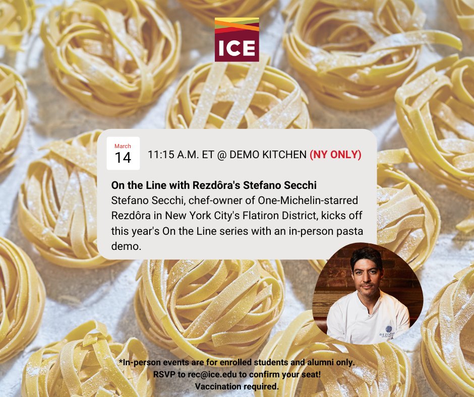 iceculinary's tweet image. Stefano Secchi, chef-owner of one-Michelin-starred @rezdoranyc in New York City's Flatiron District, kicks off this year's On the Line series with an in-person pasta demo. 🍝 #ICEculinary

ow.ly/J9qR50I4rJm

#culinaryvoice #pasta #Michelin