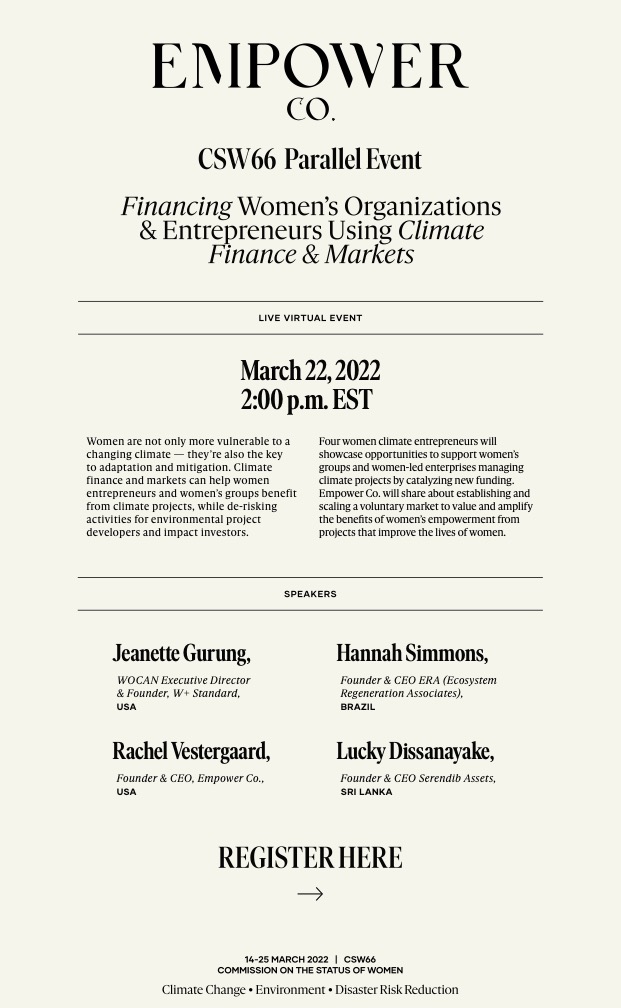 Join us March 22nd at 2p ET for our #CSW66 parallel event 'Financing Women's Organizations &amp; #Entrepreneurs Using #ClimateFinance &amp; Markets' - Register here: tinyurl.com/2e333mtr