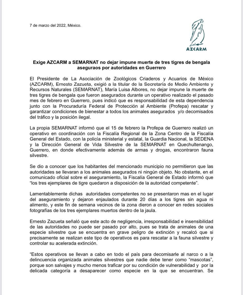 azcarmx's tweet photo. De manera respetuosa exigimos a la @SEMARNAT_mx que tome cartas en el asunto de los 3 tigres de bengala asegurados en Guerrero y hallados muertos.
No se debe dejar sin castigo a los responsables de su custodia, son animales silvestres de una especie catalogada en la @IUCNRedList https://t.co/ZehHAZzW2i