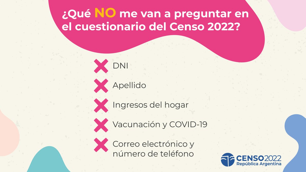 Censo2022's tweet photo. 🤔❓ ¿Qué va a preguntar y qué no el cuestionario del #Censo2022? 

Estos son algunos de los temas que NO están incluidos dentro de las 61 preguntas ⬇️. https://t.co/0bmToU6kx5