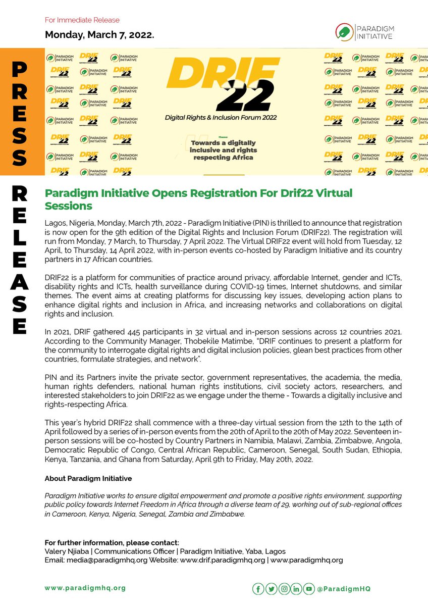 ParadigmHQ's tweet photo. #DRIF22

#Press_Release

Registration for Digital Rights and Inclusion Forum 2022 Virtual Sessions is now open.

Registration starts today  Monday, 7 March, to Thursday, 7 April 2022.

Click on the link below to register;
https://t.co/uAu99x2Sk0 https://t.co/ujyknE6vVz