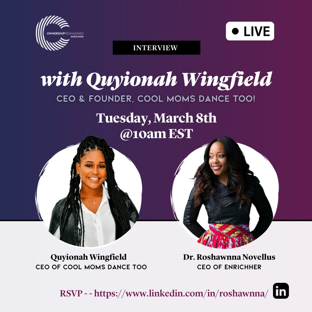 Join Quyionah Wingfield and Dr. Roshawnna Novellus (she/her), Tuesday, March 8th at 10:00AM EST as we discuss the keys to running a successful business as a Black woman founder. Watch Live - - youtube.com/watch?v=gvluva… #ownership #fintech #womeninbusiness #enrichHER