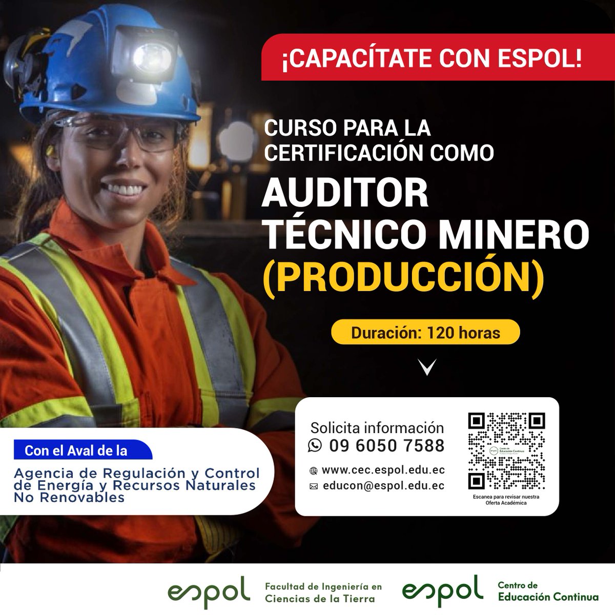 👷Desarrolla tus habilidades técnicas y complementa tu formación profesional, con el curso para la Certificación como Auditor Técnico Minero (Producción). 
🗓 Inicia el 18 de abril
Separa tu cupo 👉🏼 bit.ly/AuditorMinPro
Contáctanos 📲 bit.ly/CertMinProducc…
#ESPOL #mineria