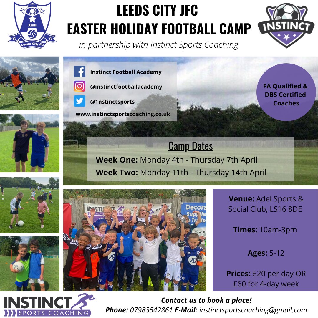 1nstinctsports's tweet photo. 🐣Easter Holiday Football Camp🐣

We are now taking bookings for our 2 week football camp!⚽️

⏰ 10am-3pm 
🏟 Adel Sports &amp; Social Club 
🌟 Ages 5-12 
💜 All Abilities Welcome 

📥 To book your child’s place on camp email us at: instinctsportscoaching@gmail.com https://t.co/gMhyXgr6ot