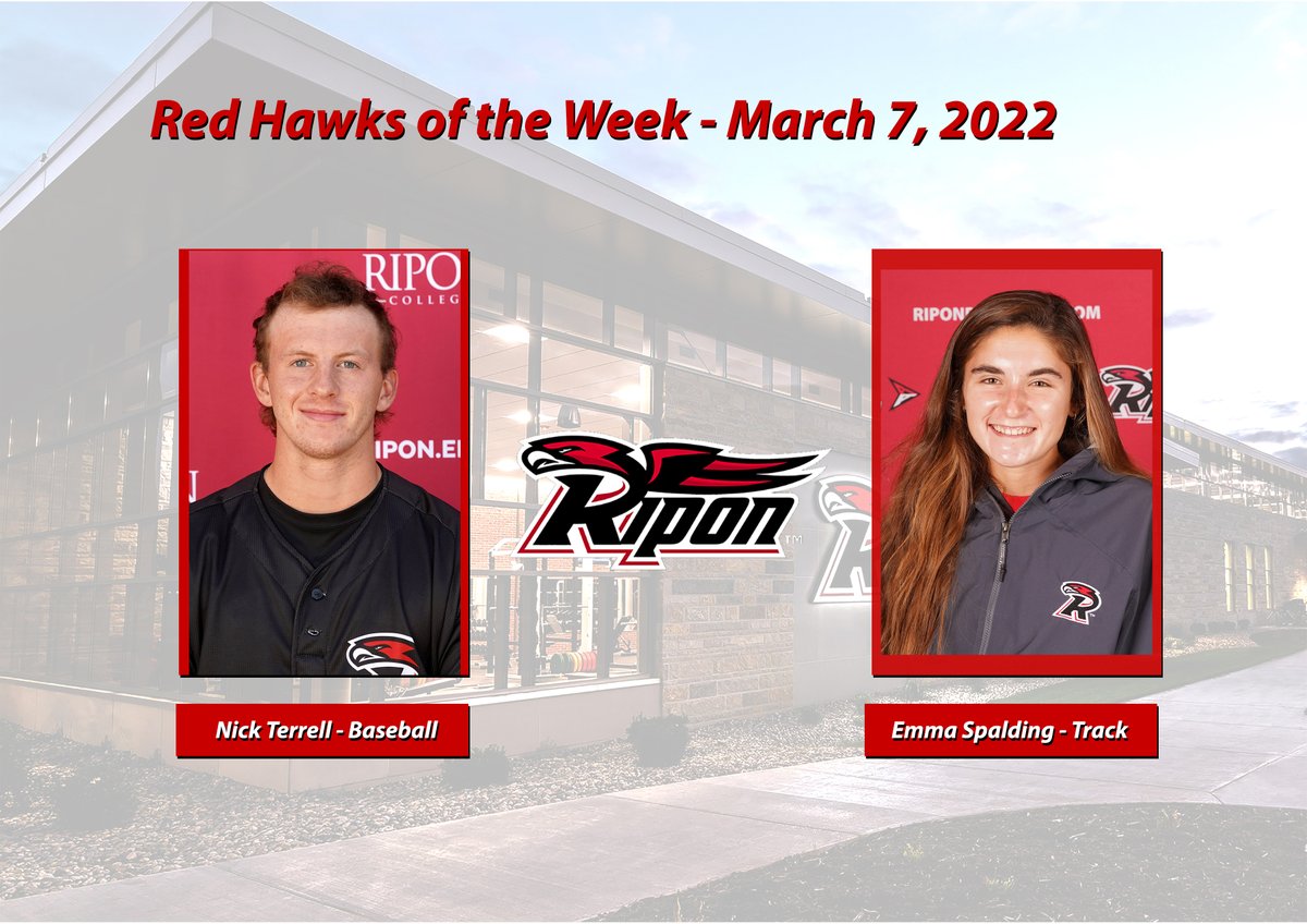 RiponRedHawks's tweet photo. This week's #RedHawksoftheWeek are @nterrell20 (@RiponBaseball) and Emma Spalding (@RiponTrackXC). Read more about their performances here: https://t.co/lze2xOozIW #ROW #congrats @RiponSports https://t.co/GMxpygbSjS