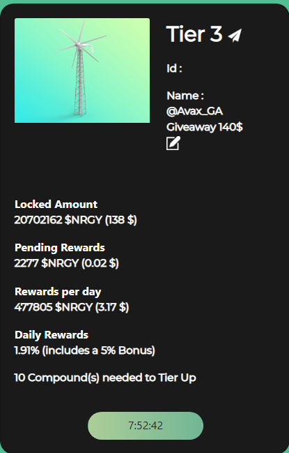 Avax_GA's tweet photo. Hey guys ! I'm gifting you this 🤑 : 

🎁 1 NFT Turbine tier 3 (20M locked) Worth 150$ 🎉

1⃣Follow @Avax_GA &amp; @Windfinance  !
2⃣#RT &amp; ♥️  !
3⃣Tag 3 Friends !

⏳48 Hours !
🍀Good Luck !

#Avalanche #Crypto #P2E #NFTGiveaway #Giveaways #NFTs #NFT https://t.co/SPSg2qAxh8