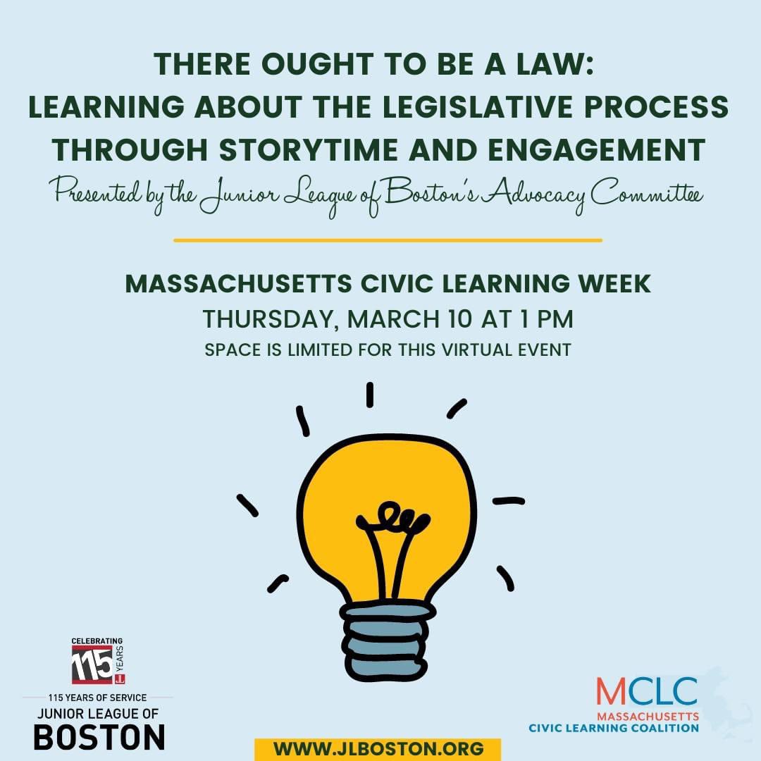 Excited to have .@bostonjl teaming up with @BrightBooksClub to offer this event teaching kids about law making.  #MACivicLearning @MACivicsForAll @JuniorLeague @MassGovernor Sign up for this event or one of the fabulous others - macivicsforall.org/clw2022