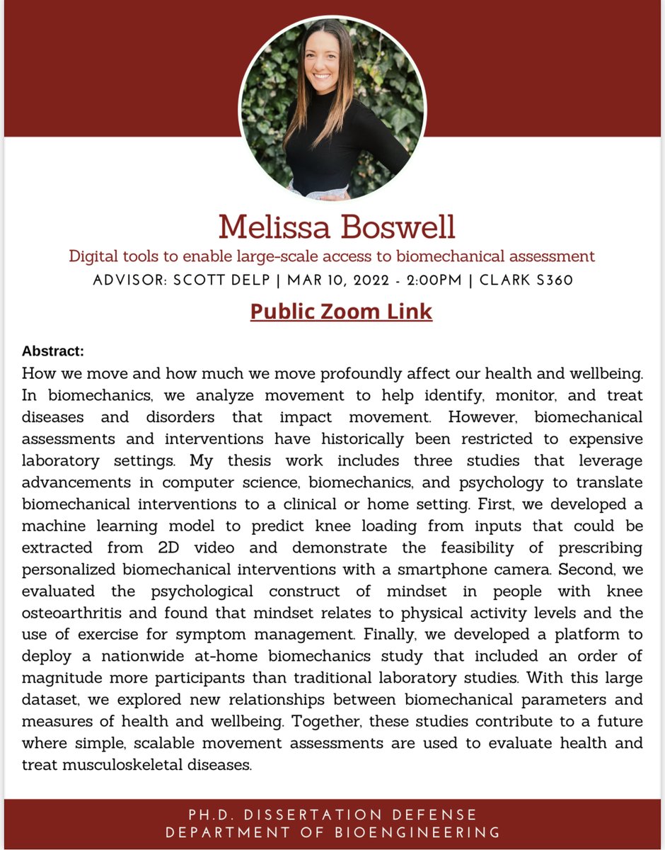 I'm excited to share my PhD work during my upcoming thesis defense! It's hybrid, so if you're interested in digital health/biomechanics/ psychology (or listening to long talks), I'd love to have you 🙂

Date: Thursday, March 10
Time: 2 pm PST
Zoom link: stanford.zoom.us/j/99553949215?…