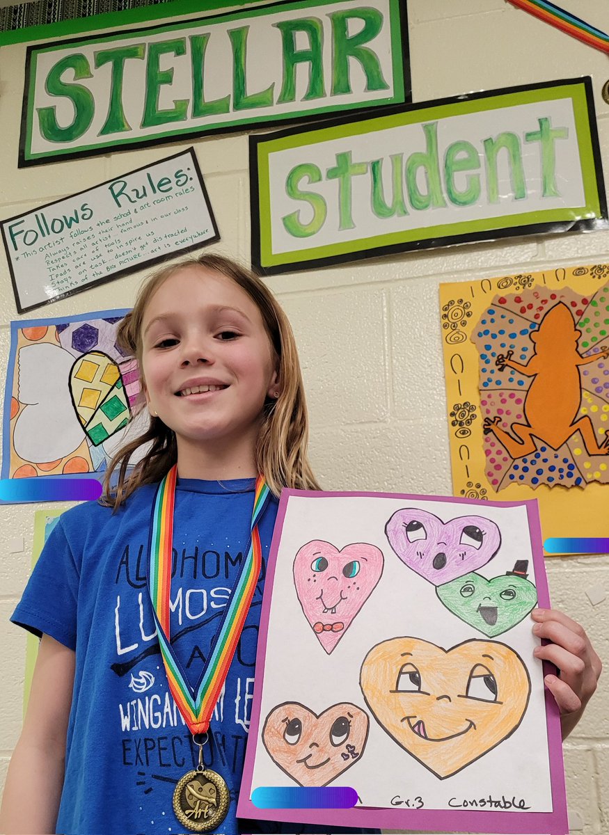 Congratulations to my Stellar Student from Constable's Class for her amazing Chris Uphues inspired heart creation.  She used a variety of size/shape hearts, she used beautiful bright colors and I love the fun faces she drew!!