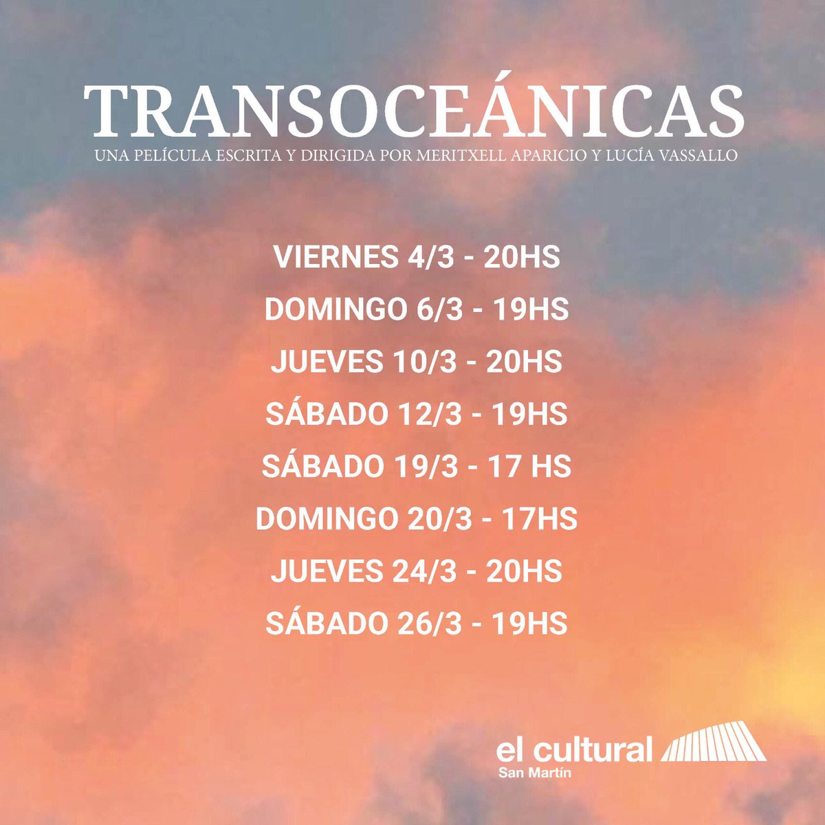 #marzo2022 en <a href="/elculturalsm/">elculturalsanmartín</a> 
“El cine como lugar de encuentro”
<a href="/MeritxellColell/">Meritxell Colell</a> <a href="/LuciaVassallo/">Lucía Vassallo</a> <a href="/serranatorres/">Serrana Torres</a> <a href="/IntropiaMedia/">Intropía Media</a> #hellish #pensilvaniafilms

Venta de tickets online: tuentrada.com
elculturalsanmartin.ar/cine