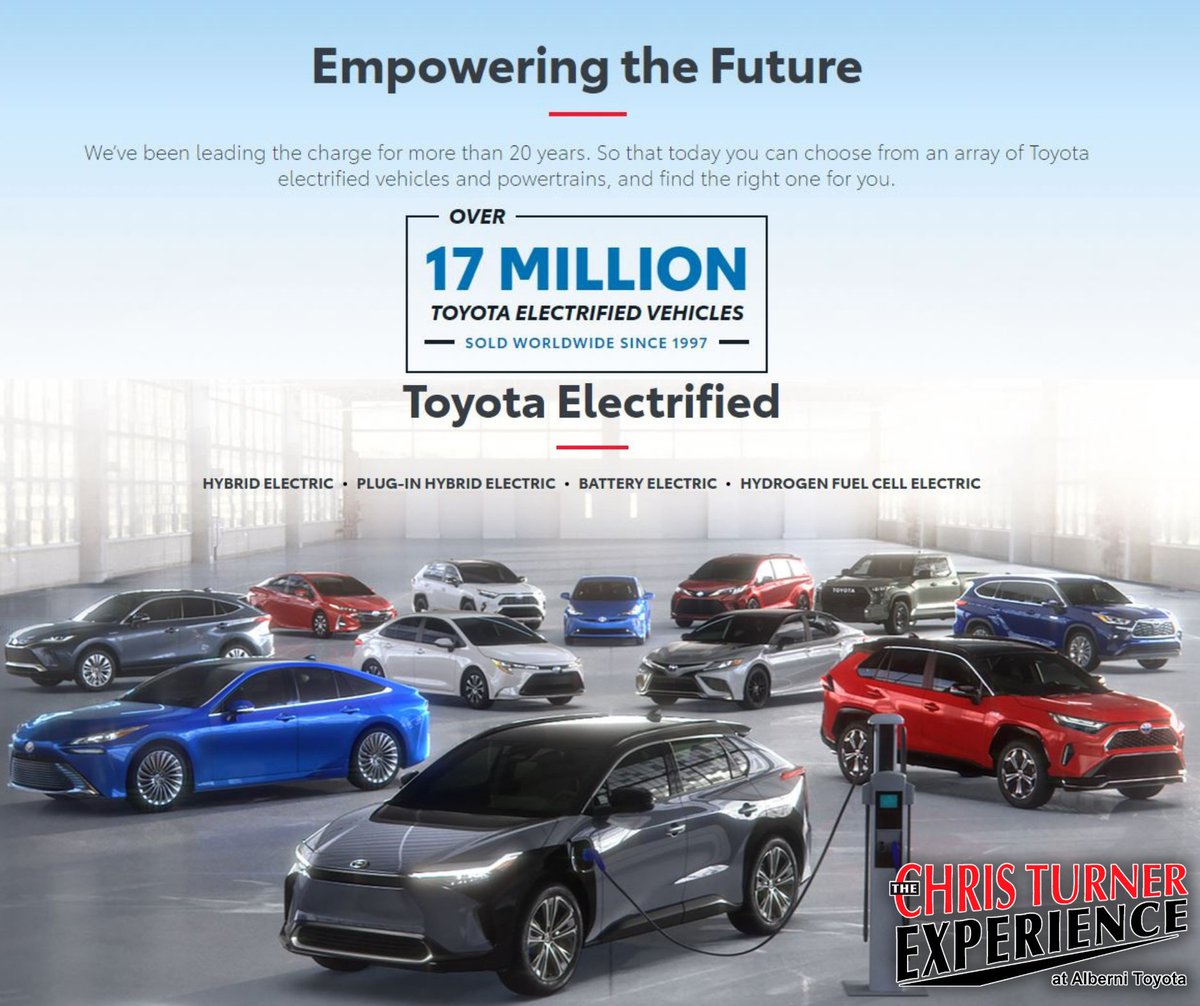 CT_Experience's tweet photo. 🏁Leading the way for 20 years &amp; 17-million electrified vehicles sold

✅Offering Hybrid Electric, Plug-In Hybrid Electric, Battery Electric, &amp; Hydrogen Fuel Cell Electric vehicles

An Electrified Vehicle by Toyota for everyone

#TheChrisTurnerExperience

https://t.co/2bRHMEjhXC https://t.co/MaPYURAf5d