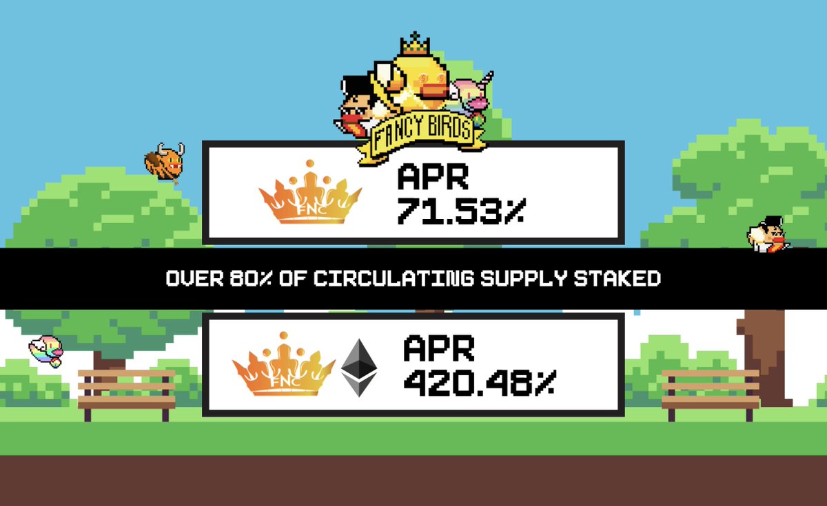 $FNC staking is still up and running with some very fancy APR in the market!

✅ $FNC 
🚀🐦  71.53% 🐦🚀

✅ $FNC/ETH 
 🚀🐦420.48% 🐦🚀

Over 80% of the circulating supply is staked!
You still have 9 months left to receive so don't miss out on some fancy rewards!

#FancyBirds