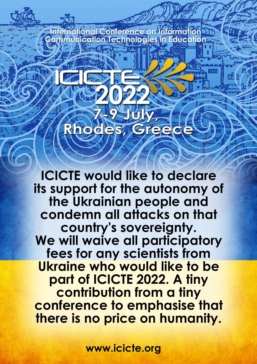 ICICTE (@icicte) on Twitter photo Supports to the maximum extent possible, with the limited financial resources available, our colleagues from Ukraine. If you would like to participate in person or online or publish your paper in the Proceedings of the Conference, please contact info@icicte.org Supports to the maximum extent possible, with the limited financial resources available, our colleagues from Ukraine. If you would like to participate in person or online or publish your paper in the Proceedings of the Conference, please contact info@icicte.org