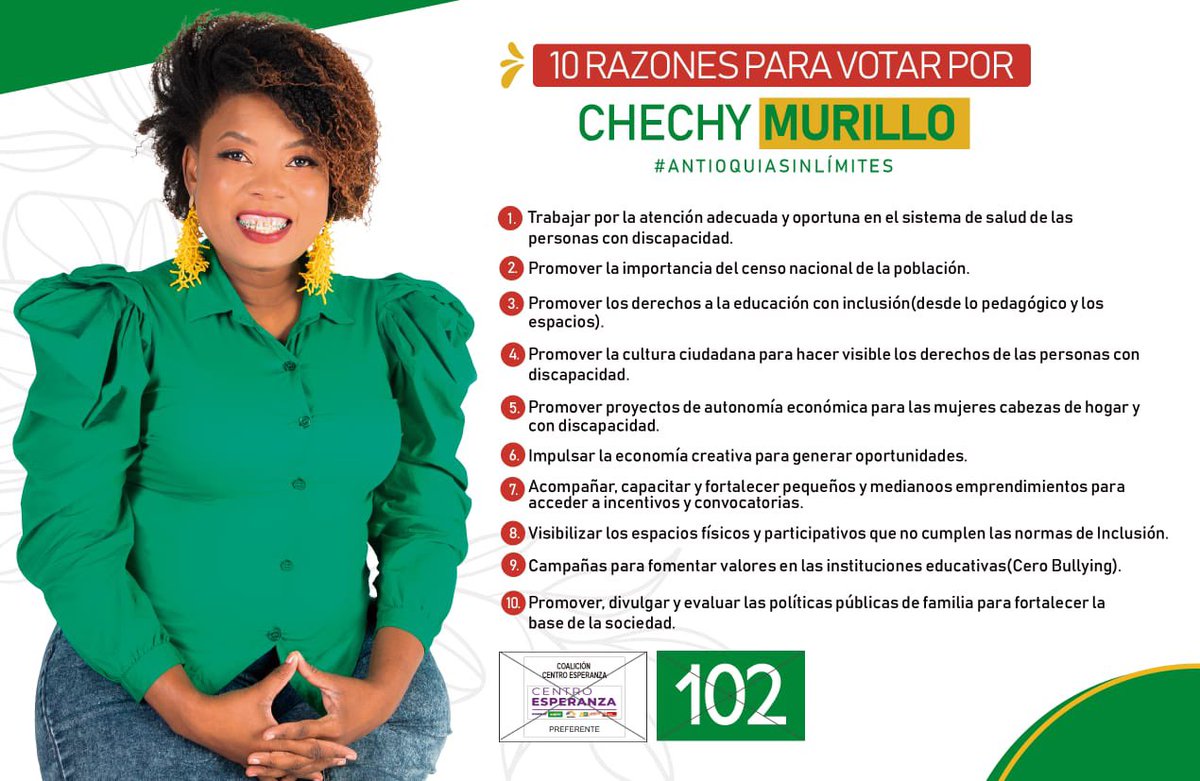 chechymurillo's tweet photo. El 13 de marzo tenemos la oportunidad de decidir cómo queremos el futuro de nuestro país, por eso que quiero que conozcas mis proyectos y motivación para trabajar por las personas en situación de vulnerabilidad #congreso #Camara  #CoalicionCentroEsperanza #marca102 #Antioquia https://t.co/2ijC3bRG21