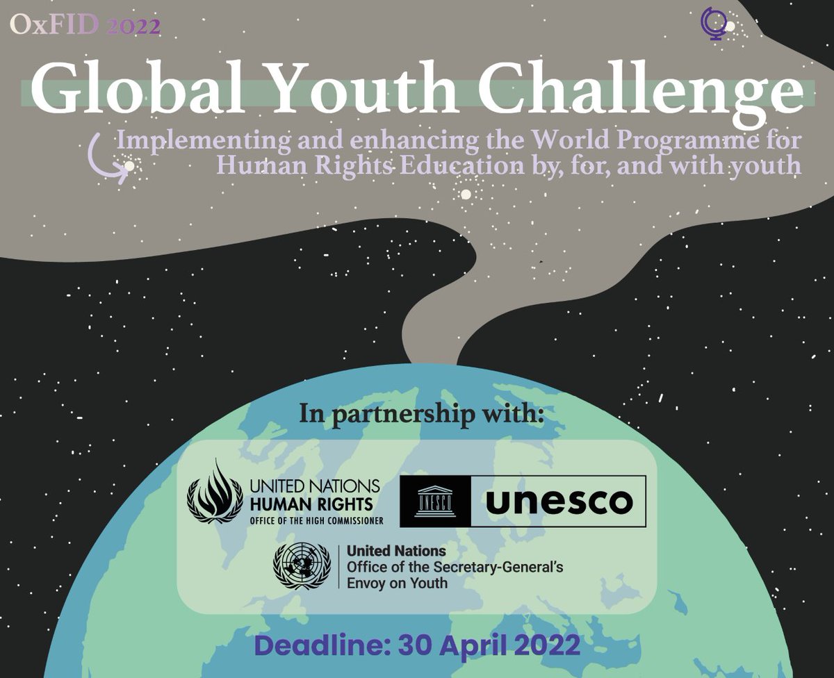UNYouthAffairs's tweet photo. Are you a young person who wants to have a say in #HumanRightsEducation – why not get creative? 🤩
 
Take the Global Youth Challenge jointly led by @ox_fid, @UNHumanRights, @UNESCO and my office &amp; submit your solutions by 30 April 👉 https://t.co/HD46Imqu3b https://t.co/KUAvzZa3Ym